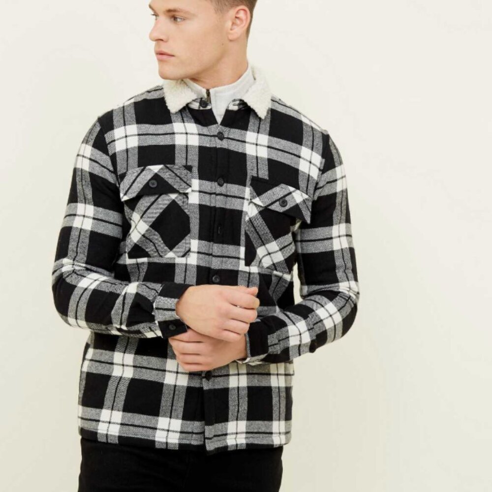 New Look Men's Plaid Sherpa Jacket Coat Black White S Black Check Borg Collar